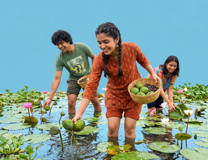 Cosecha de semillas de loto en un lago de Bihar, en la India